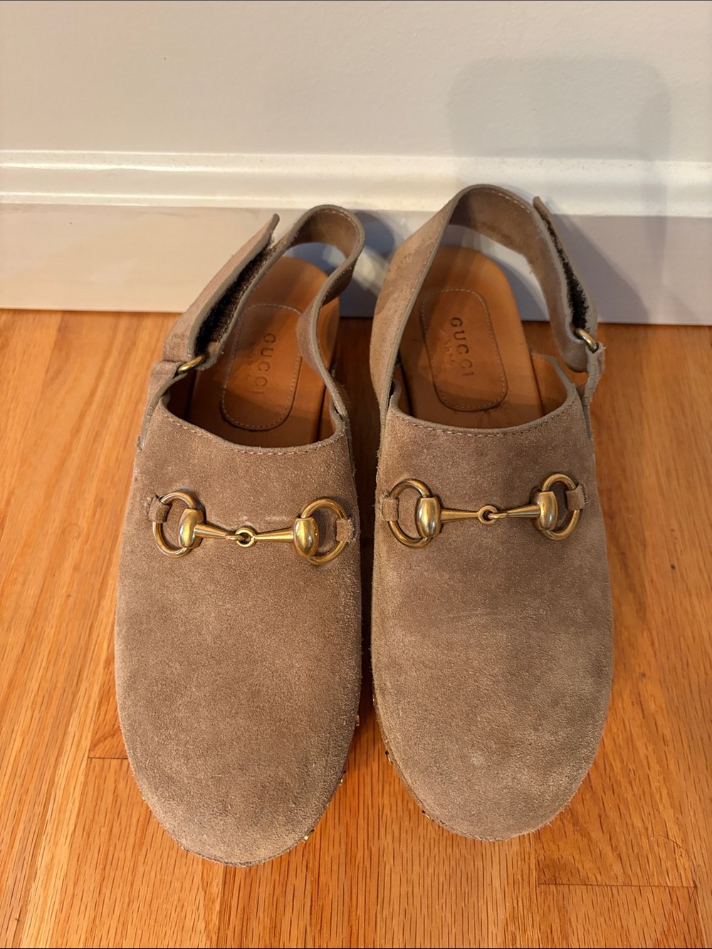 Gucci  Suede Horsebit Slingback Clogs in Taupe Brown-size 37